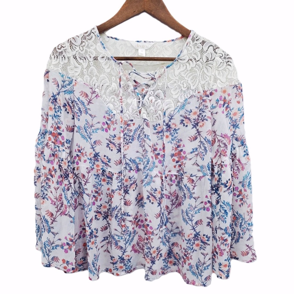 Decree Womens M Lace Floral Babydoll Sheer Blouse Boho Y2K Peasant Top
